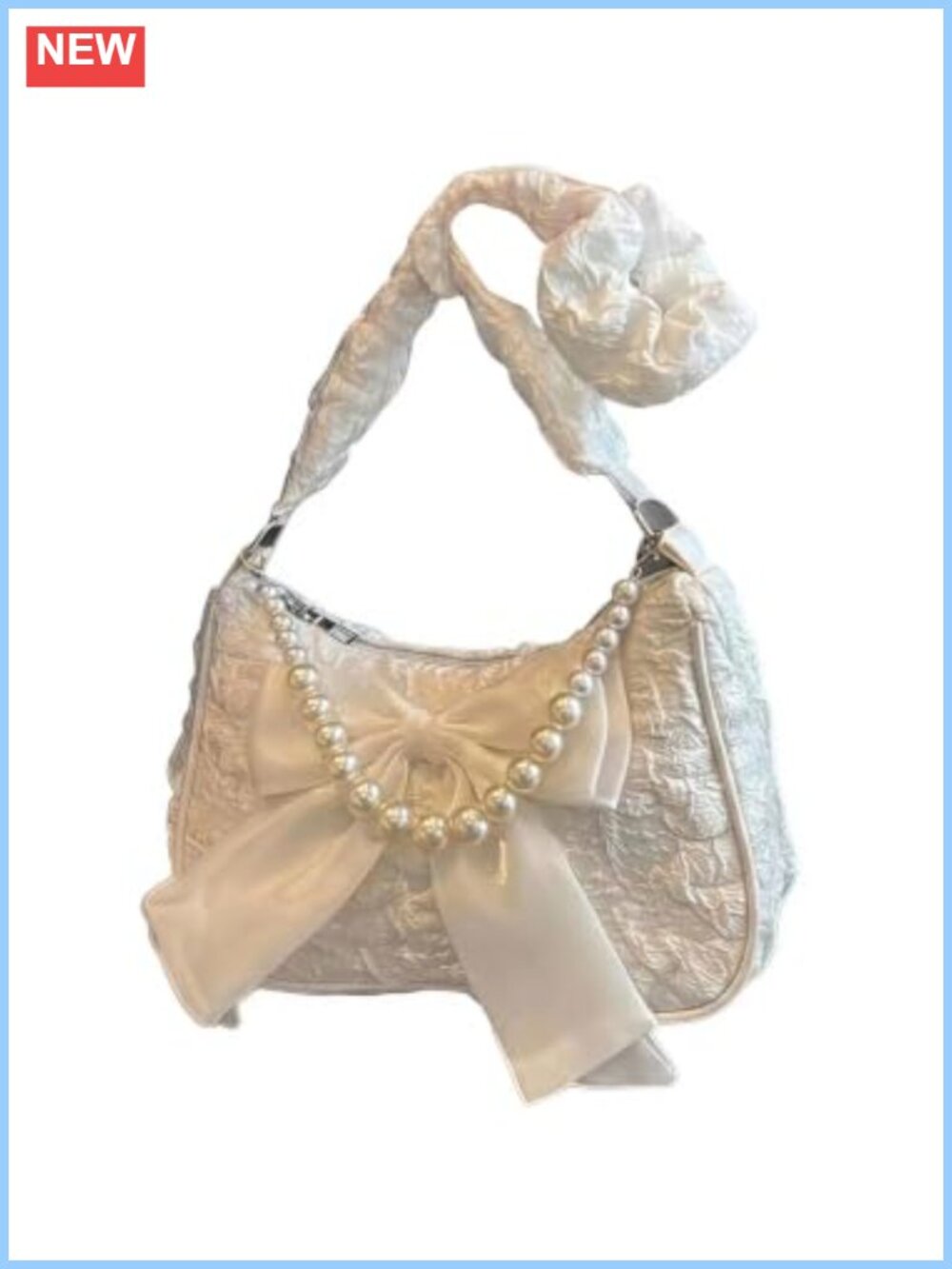 Textured Bowknot Pearl Chain Shoulder Bag Top Zipper Purse